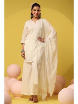 Scakhi - Off White Mulmul Embroidery Kurta with Palazzo and Dupatta
