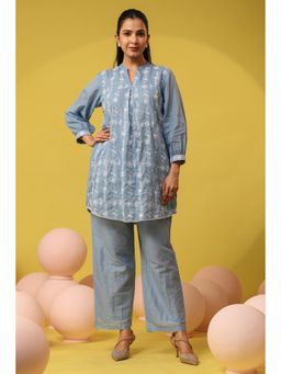 Scakhi - Powderblue Mul Cotton Chikankari Embroidery Kurta and Pant