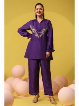 Scakhi - Embroidered Purple Russian Silk Co-Ord Set