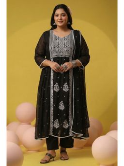 Scakhi - Black Mulmul Chikankari Embroidery with Sequin Kurta with Pant and Dupatta