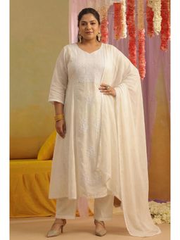 Scakhi - Off White Mulmul Chikankari Embroidery Kurta with Pant and Dupatta