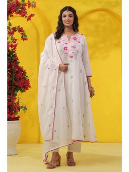 Scakhi - Pink Embroidered Cotton Mulmul Panelled Anarkali Kurta with Pant and Dupatta