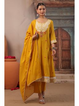 Scakhi - Mustard Embroidered Mulmul Panelled Anarkali Kurta with Pant and Dupatta