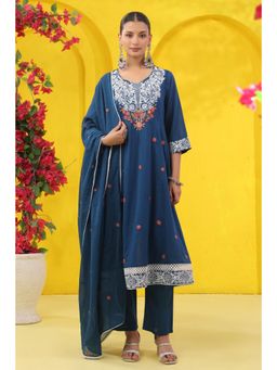 Scakhi - Teal Embroidered Mulmul Panelled Anarkali Kurta with Pant and Dupatta