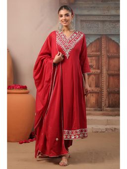 Scakhi - Brick Red Gota Work Mulmul Panelled Anarkali Kurta with Pant and Dupatta
