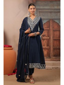 Scakhi - Indigo Gota Work Mulmul Panelled Anarkali Kurta with Pant and Dupatta