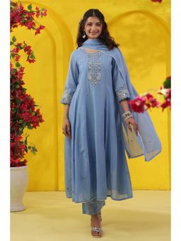 Scakhi - Powder Blue Embroidered Mulmul Panelled Anarkali Kurta with Pant and Dupatta