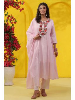 Scakhi - Pink Embroidered Cotton Panelled Anarkali Kurta with Pant and Dupatta