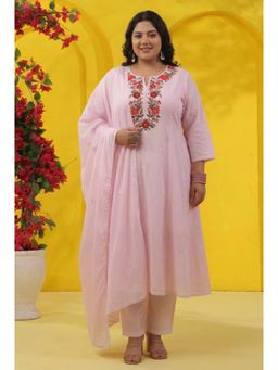 Scakhi - Pink Embroidered Cotton Panelled Anarkali Kurta with Pant and Dupatta