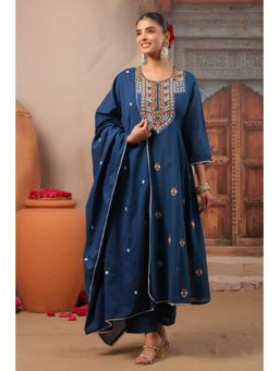 Scakhi - Teal Embroidered Mulmul Panelled Anarkali Kurta with Pant and Dupatta