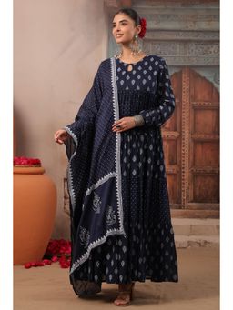 Scakhi - Indigo Khari Block Printed Cotton Anarkali Kurta with Pant and Dupatta