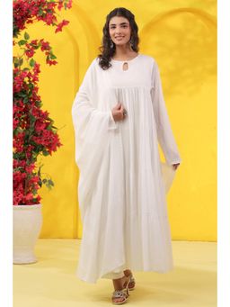 Scakhi - White Khari Block Printed Cotton Anarkali Kurta with Pant and Dupatta
