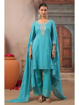 Scakhi - Turquoise Gota Work Mulmul Short Anarkali Kurta with Pant and Dupatta