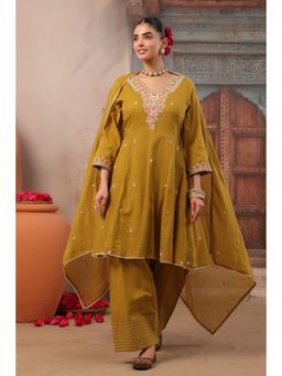 Scakhi - Mustard Embroidered Cotton Mulmul Short Anarkali Kurta with Pant and Dupatta
