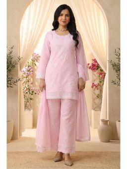 Scakhi - Pink Mulmul Chikankari Embroidery Kurti with Palazzo and Dupatta
