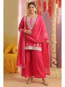 Scakhi - Pink Mulmul Chikankari Embroidery Kurti with Palazzo and Dupatta