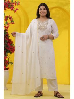 Scakhi - Mustard Embroidered Mulmul Straight Kurta with Pant and Dupatta