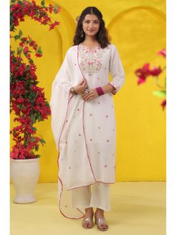 Scakhi - Rose-Pink Embroidered Mulmul Straight Kurta with Pant and Dupatta