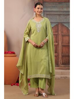 Scakhi - Parrot Green Gota Work Mulmul Straight Kurta with Pant and Dupatta