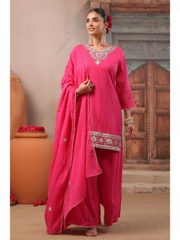Scakhi - Pink Gota Work Cotton Mulmul Kurti with Palazzo and Dupatta