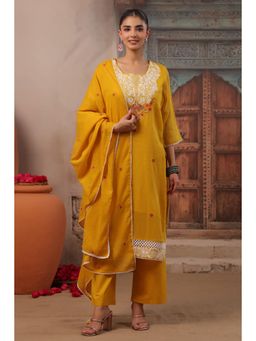 Scakhi - Mustard Embroidered Mulmul Straight Kurta with Pant and Dupatta