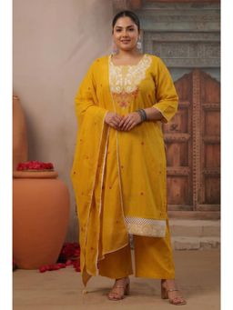 Scakhi - Mustard Embroidered Mulmul Straight Kurta with Pant and Dupatta