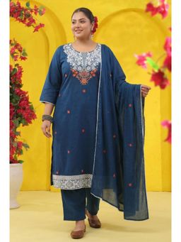 Scakhi - Teal Embroidered Mulmul Straight Kurta with Pant and Dupatta