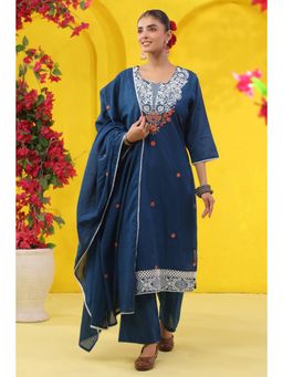 Scakhi - Teal Embroidered Mulmul Straight Kurta with Pant and Dupatta