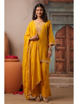 Scakhi - Mustard Embroidered Mulmul Kurti with Palazzo and Dupatta