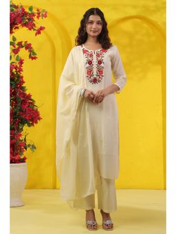 Scakhi - Butter Yellow Embroidered Straight Kurta with Pant and Dupatta
