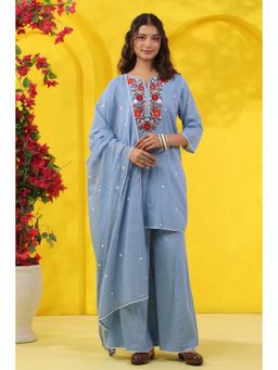 Scakhi - Powder Blue Embroidered Mulmul Kurti with Palazzo and Dupatta