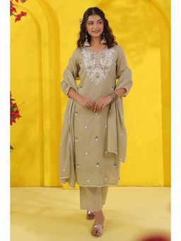 Scakhi - Beige Mirror Work Cotton Mulmul Straight Kurta with Pant and Dupatta