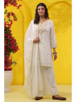 Scakhi - Mango Yellow Embroidered Mulmul Kurti with Palazzo and Dupatta