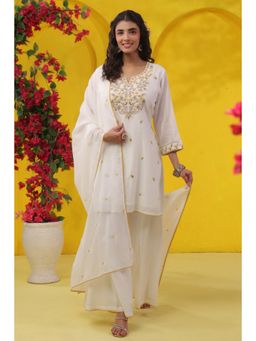 Scakhi - Mustard Embroidered Cotton Mulmul Kurti with Palazzo and Dupatta