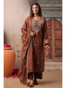Scakhi - Chocolate Brown Embroidered Mulmul Straight Kurta with Pant and Dupatta