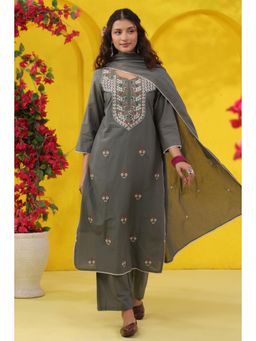 Scakhi - Sage Green Embroidered Mulmul Straight Kurta with Pant and Dupatta