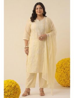 Scakhi - Yellow Mulmul Chikankari Embroidered Straight Kurta with Pant and Dupatta