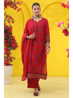 Scakhi - Brick Red Mulmul Embroidered Straight Kurta with Pant and Dupatta