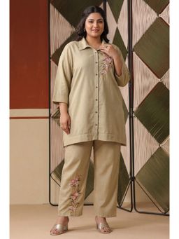 Scakhi - Beige Embroidered Rayon Flex Plus Size Co-Ord Set With Trouser