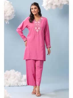 Scakhi - Women Rose Pink Embroidered Rayon Co-Ord Set
