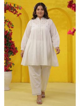 Scakhi - Plus Size Women White Embroidered Mulmul Co-Ord Set