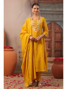 Scakhi - Mustard Embroidered Cotton Mulmul Panelled Dupatta & Anarkali Kurta With Pant