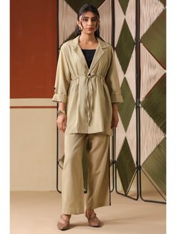 Scakhi - Beige Solid Jacket Style Co-Ord Set With Trouser