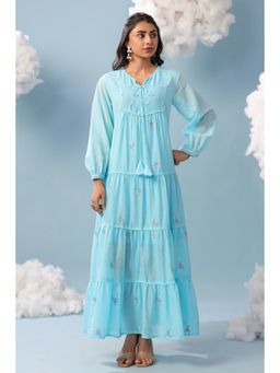 Scakhi - Aqua Cotton Embroidered Flared Dress