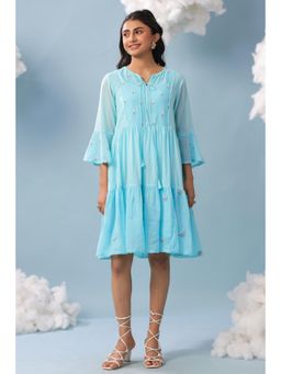 Scakhi - Aqua Cotton Embroidered Flared Dress