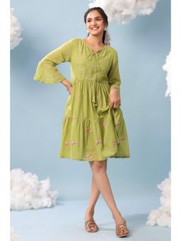 Scakhi - Green Cotton Embroidered Flared Dress
