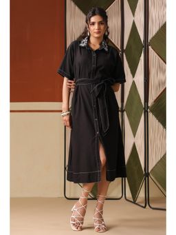 Scakhi - Black Cotton Blend Embroidered A-Line Dress