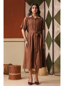 Scakhi - Brown Cotton Blend Embroidered A-Line Dress