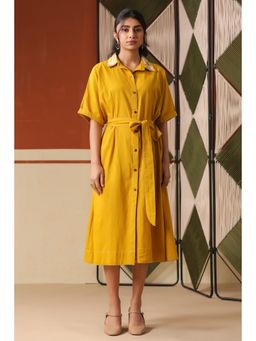 Scakhi - Mustard Cotton Blend Embroidered A-Line Dress