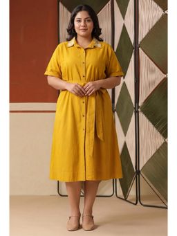 Scakhi - Mustard Cotton Blend Embroidered A-Line Dress